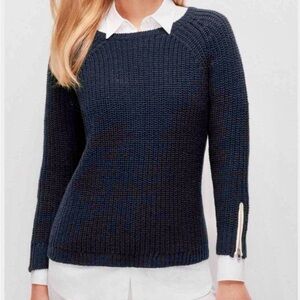 Ann Taylor Dark Navy Blue Wide Neck Sweater Coastal Grandma Zipper Cuff